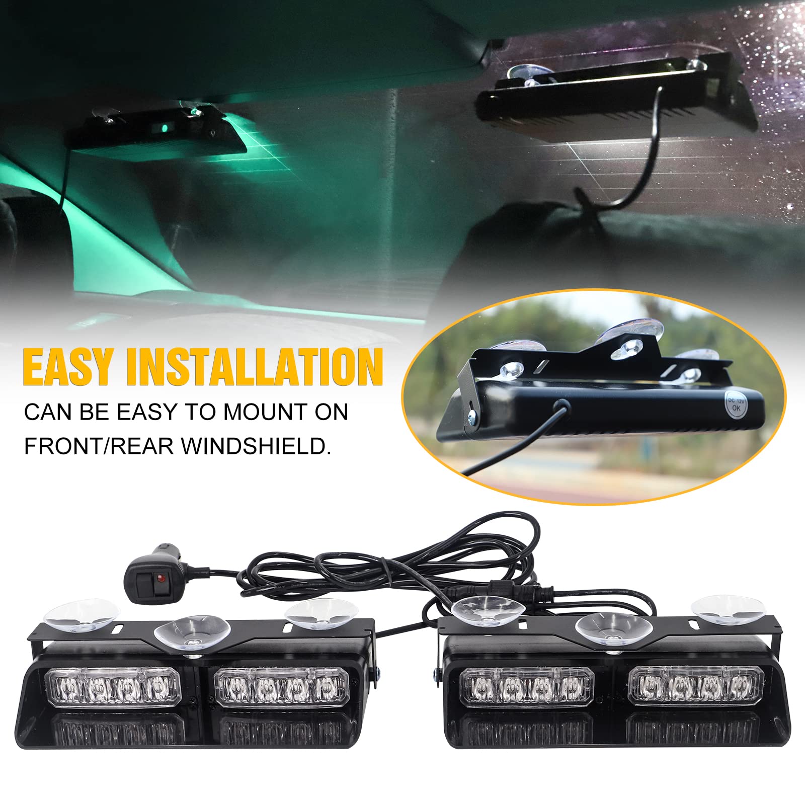 Xridonsen 2 In 1 Green White Dash Emergency Strobe Lights Interior Windshield Warning Safety Flashing Lights W/Suction Cups For
