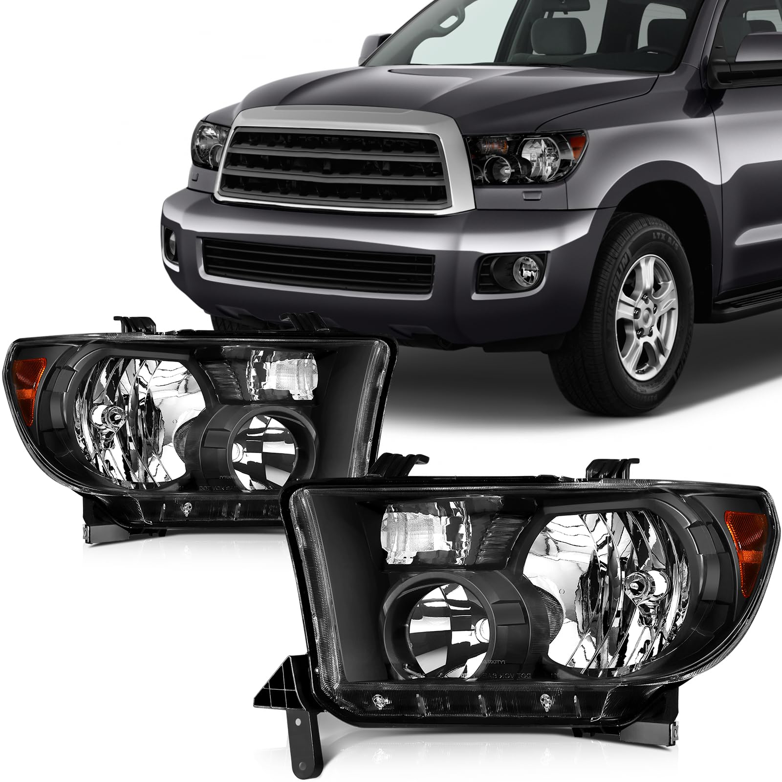 SCITOO Headlight Assembly Fits For Toyota Sequoia 2008-2017,For Toyota Tundra 2007-2013 headlamp in Black Housing Amber Reflecto