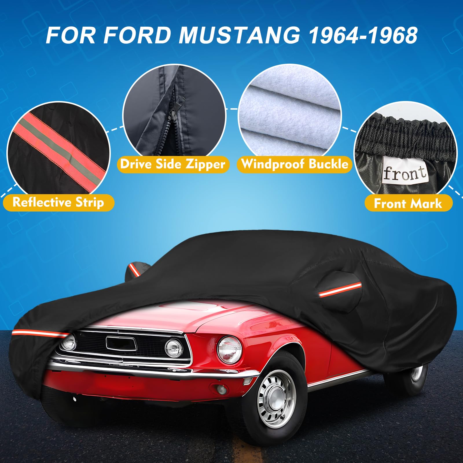 QUNSUNUS 6 Layer Car Cover for Ford Mustang 1964-1968, Waterproof, Windproof, Oxford + Cotton, Model XB484, Hail Protection