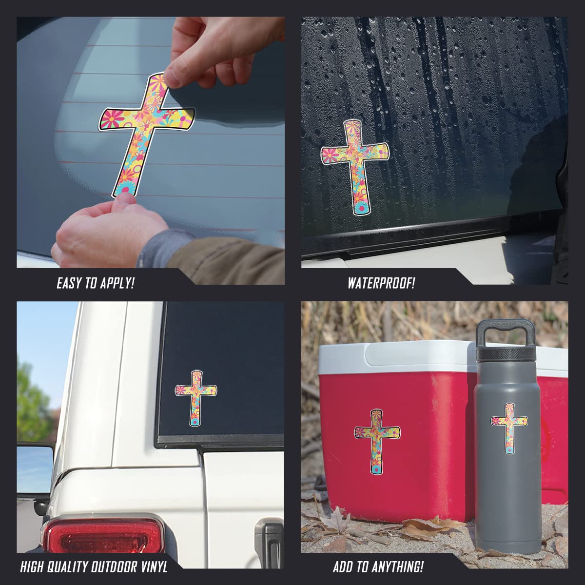 Decalcomania Retro Flower Cross Decals - Set Of 3 Vinyl Stickers For Car Or Truck Window- Colorful Religious Cross Sticker
