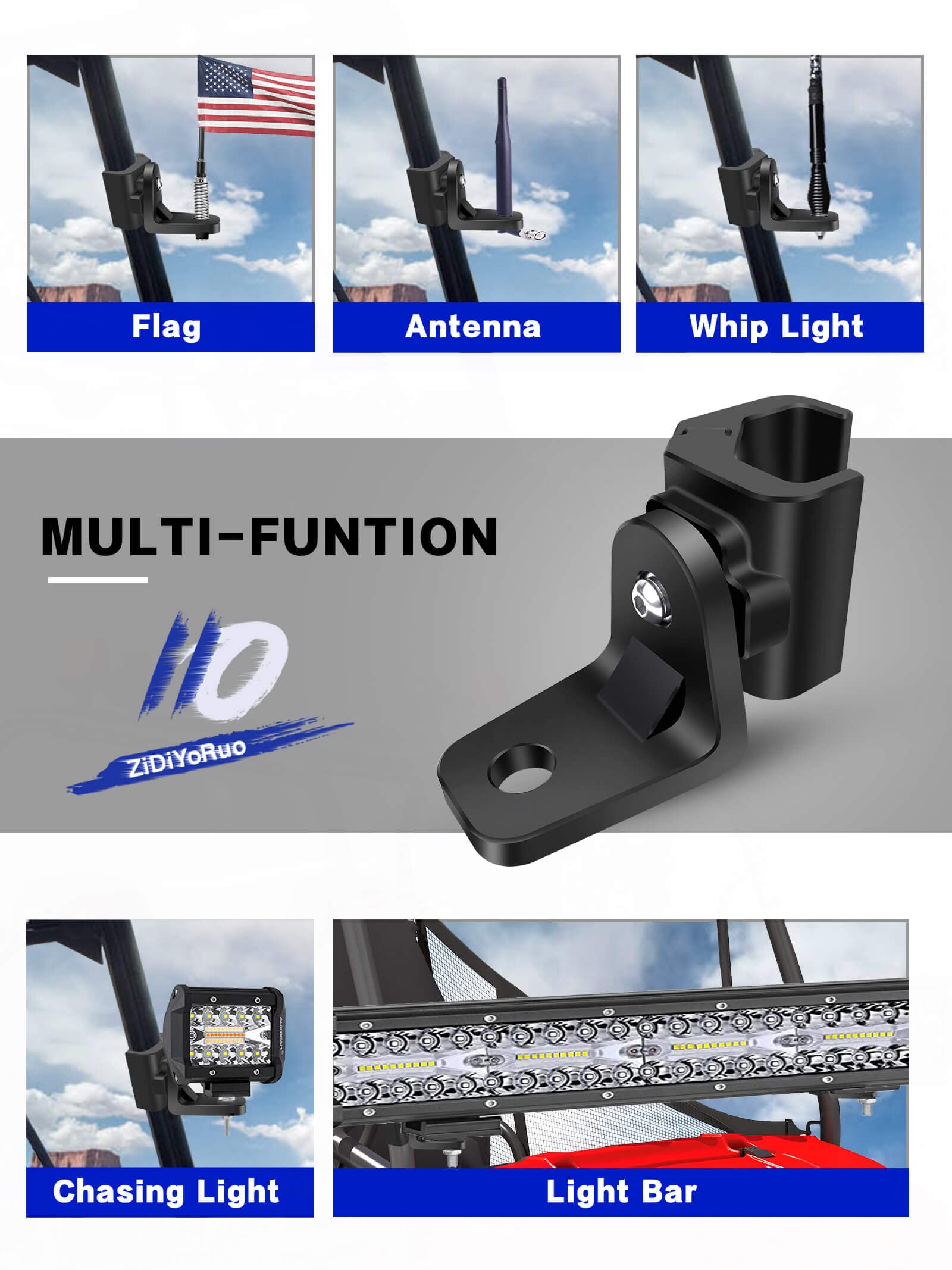 Zidiyoruo Utv Whip Mount For Polaris Ranger, 2Pcs Heavy-Duty Whip Light Mount For Polaris Ranger General Can Am Defender Command