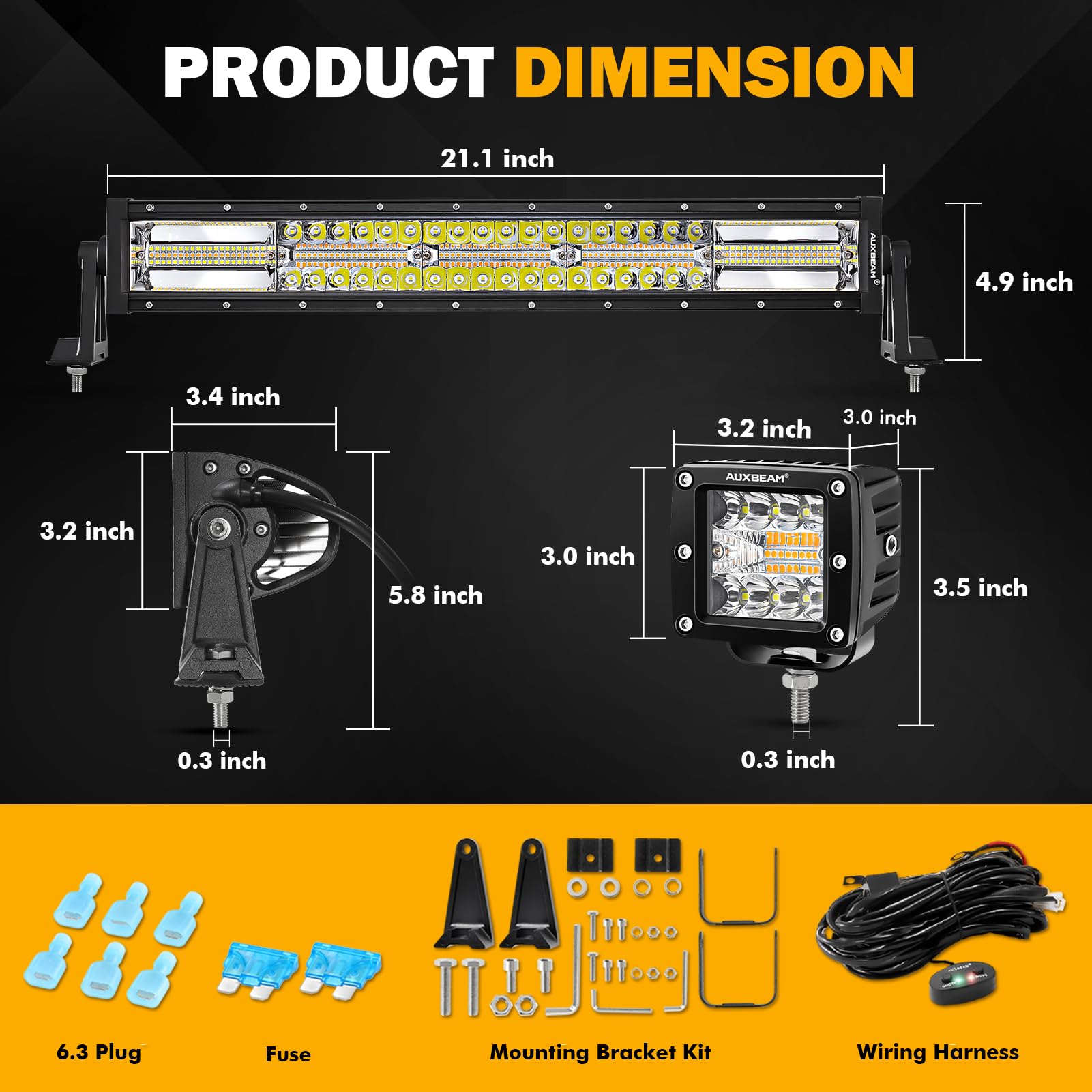 Auxbeam 22 Inch 120W Led Light Bar 2Pcs 3 Inch 96W Led Pods, Amber White Fog Light 6 Modes Strobe Lights For Work Truck, Spot Fl