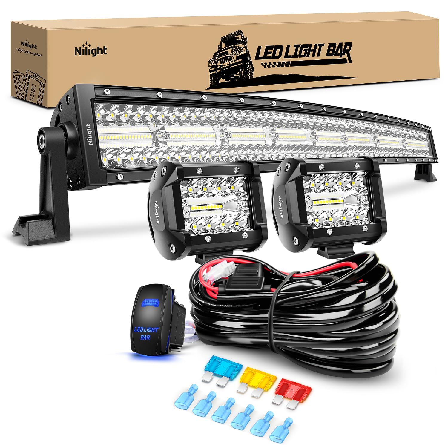 Nilight 33Inch Led Light Bar 2Pcs 4Inch 60W Spot Flood Lights Pods Off Road Drivingwork Lighting With 14Awg Wiring Harness Kit-3