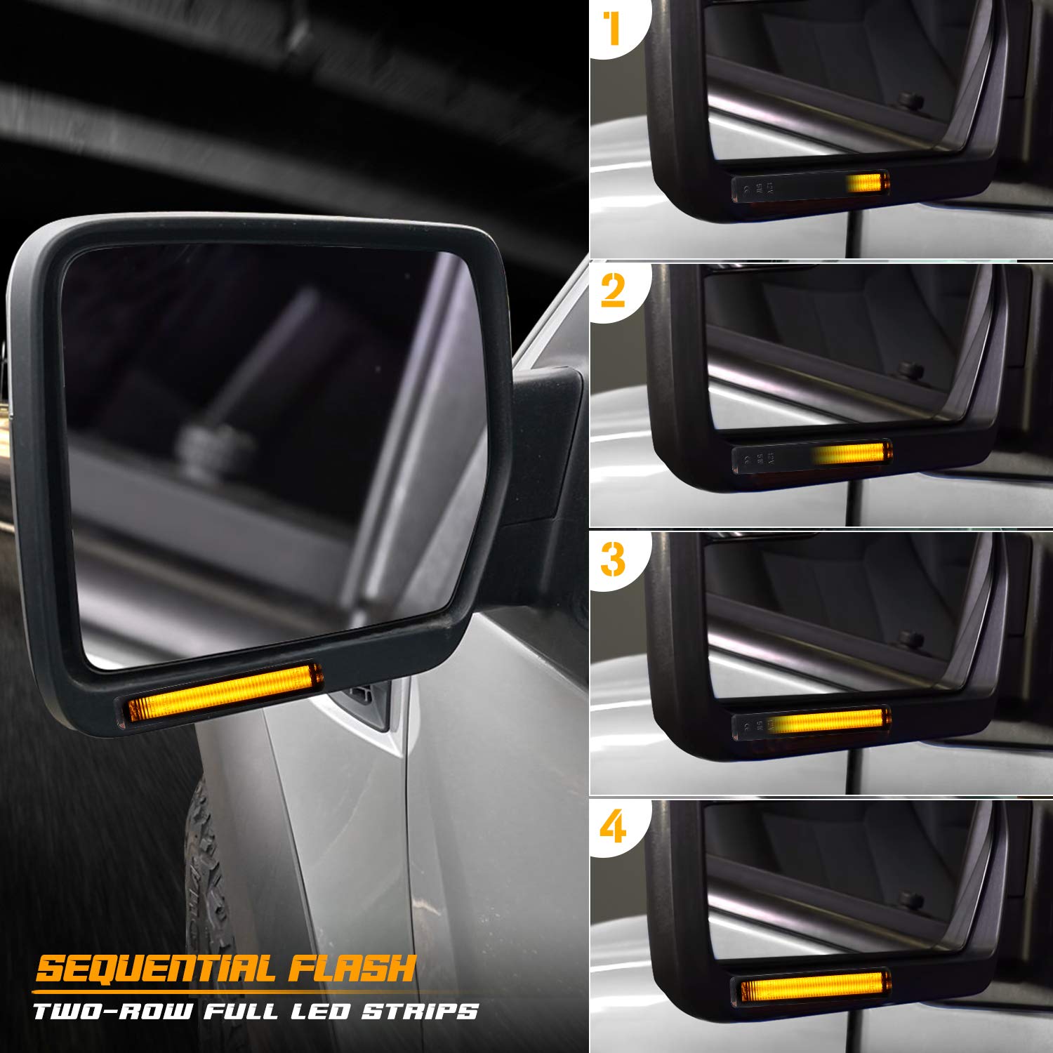 RUXIFEY Sequential Switchback LED Side Mirror Turn Signals - Smoked, Amber & White Compatible with Ford F150, Expedition, Lincoln Mark LT