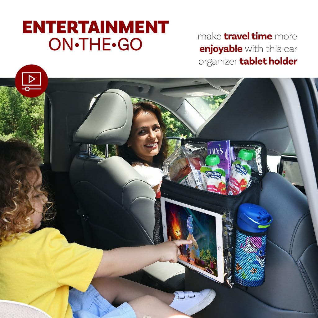 lebogner Insulated Car Seat Back Organizer, iPad Holder, 12”x10”x3”, Black, Model LOR-A-1058, Travel Cooler for Adults & Kids