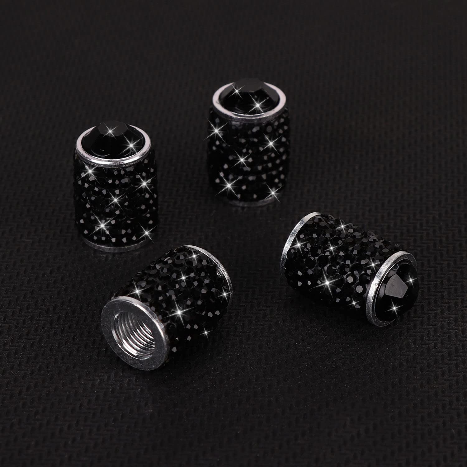 ToBeQueen Bling Tire Valve Covers - Handmade Crystal Rhinestone, Black, 4 Pack, Universal Dustproof Car Accessories for SUV/Motorcycle/Bike