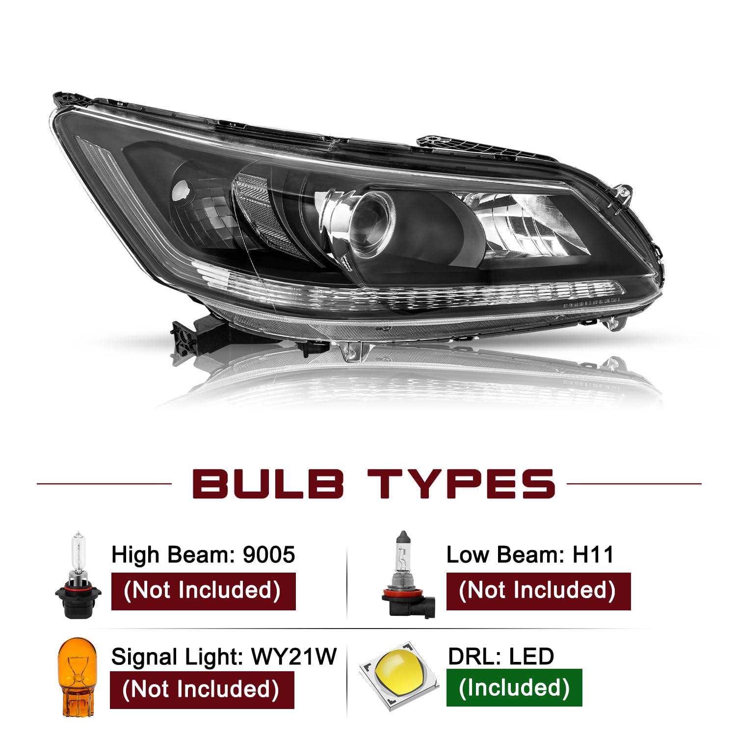 JSBOYAT Headlight Assembly w/LED DRL for 2013-2015 Honda Accord Sedan, Black Housing, Projector Model, Right & Left Side