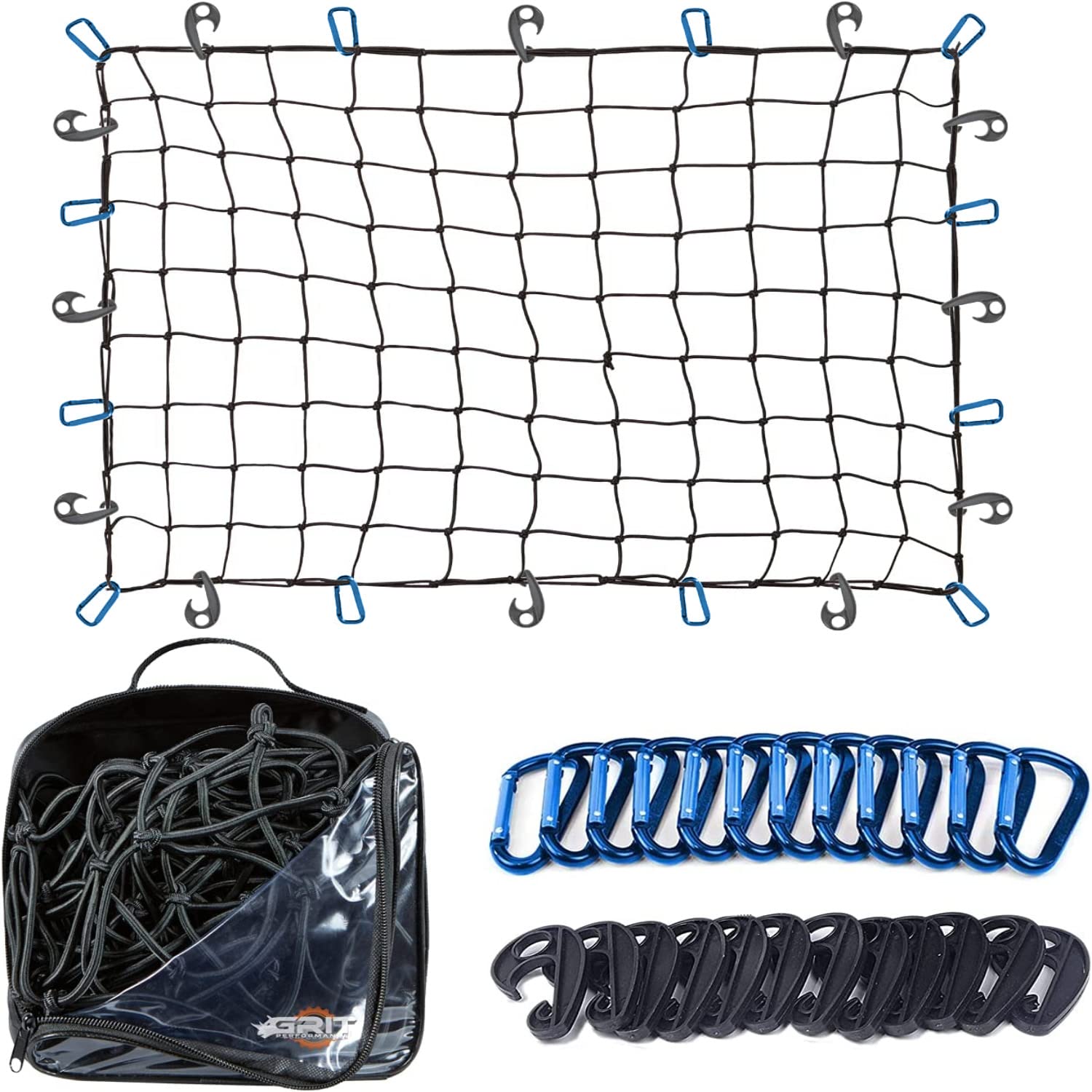 Truck Bed Cargo Net - 3 X 4 Foot, Heavy-Duty Elastic Mesh With 12 Hooks And 12 Blue Clips And Storage Bag For Pickup For Cargo N