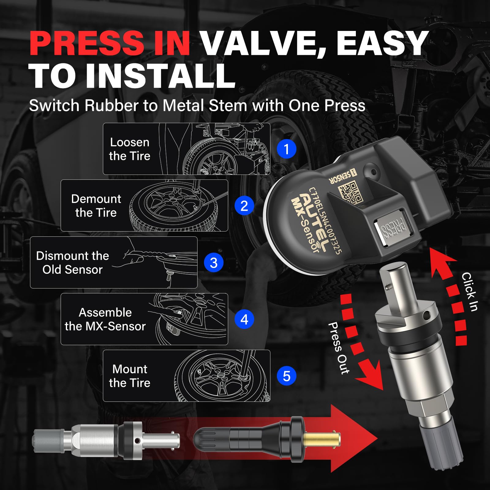 Autel Tpms Sensor Set Of 4, Mx-Sensor 2In 1 Dual Frequency 315Mhz + 433Mhz Press-In Oe-Level Universal Tpms Sensors Programmable