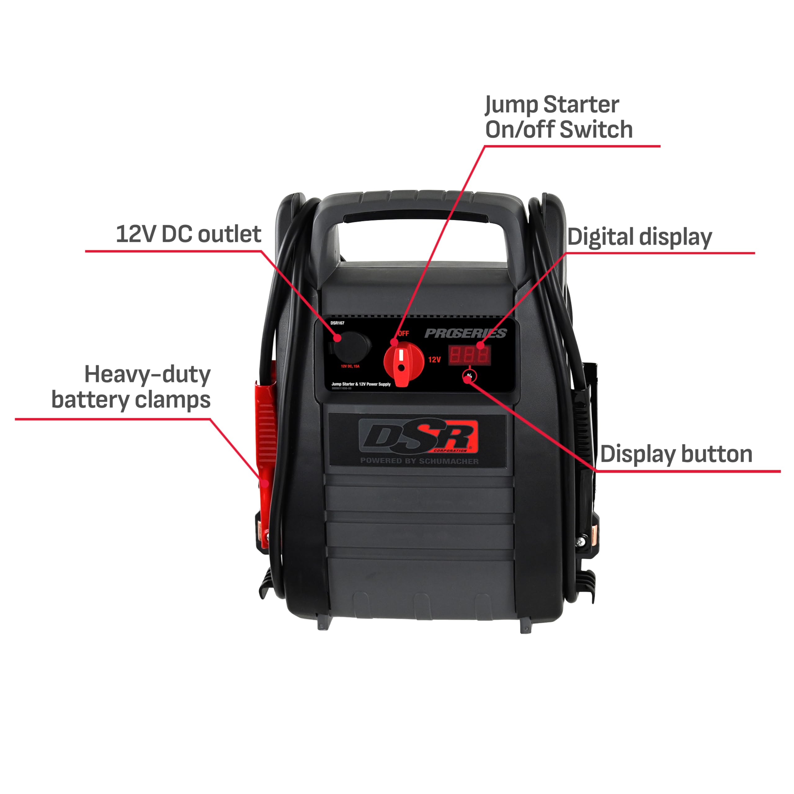 Schumacher Electric DSR167 Jump Starter & Power Station, 2250 Amps, 400W, AC/DC/USB Outlets, Black & Gray, Portable, Plastic