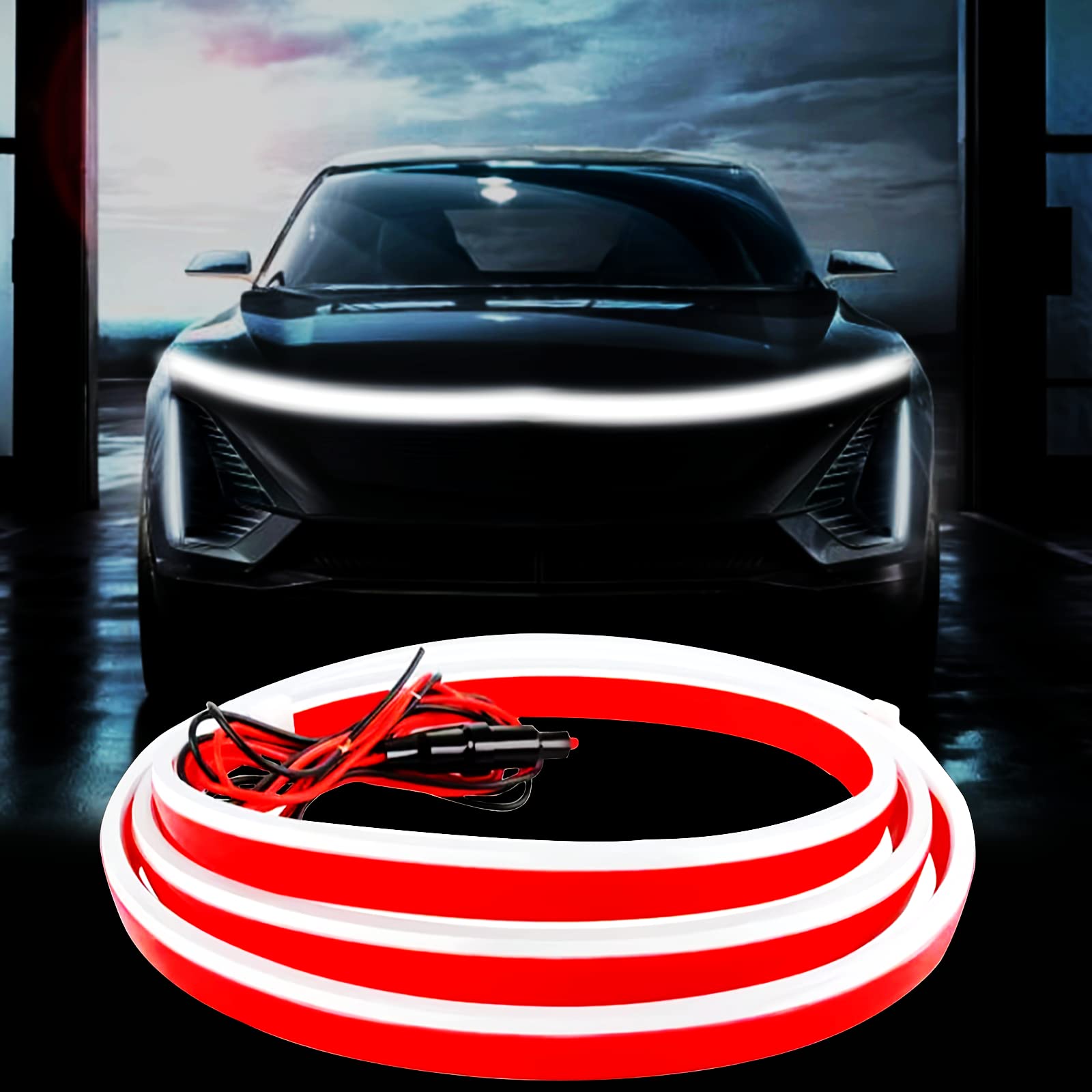 Car Led Hood Light Strip, 70 Inch 12V Flexible Waterproof Daytime Running Lights For Car, Universal Engine Cover Decoration Acce