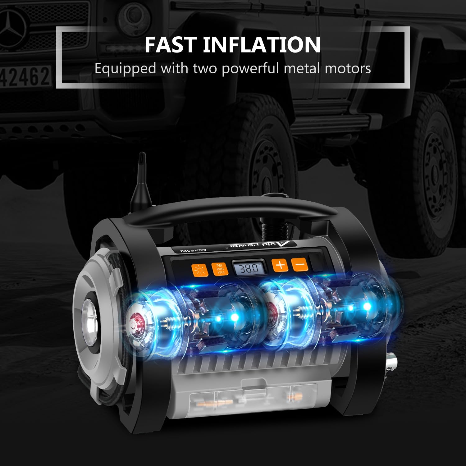 Avid Power Portable Tire Inflator Air Compressor with 20V Battery & 12V Car Adapter - Inflation & Deflation - Grey