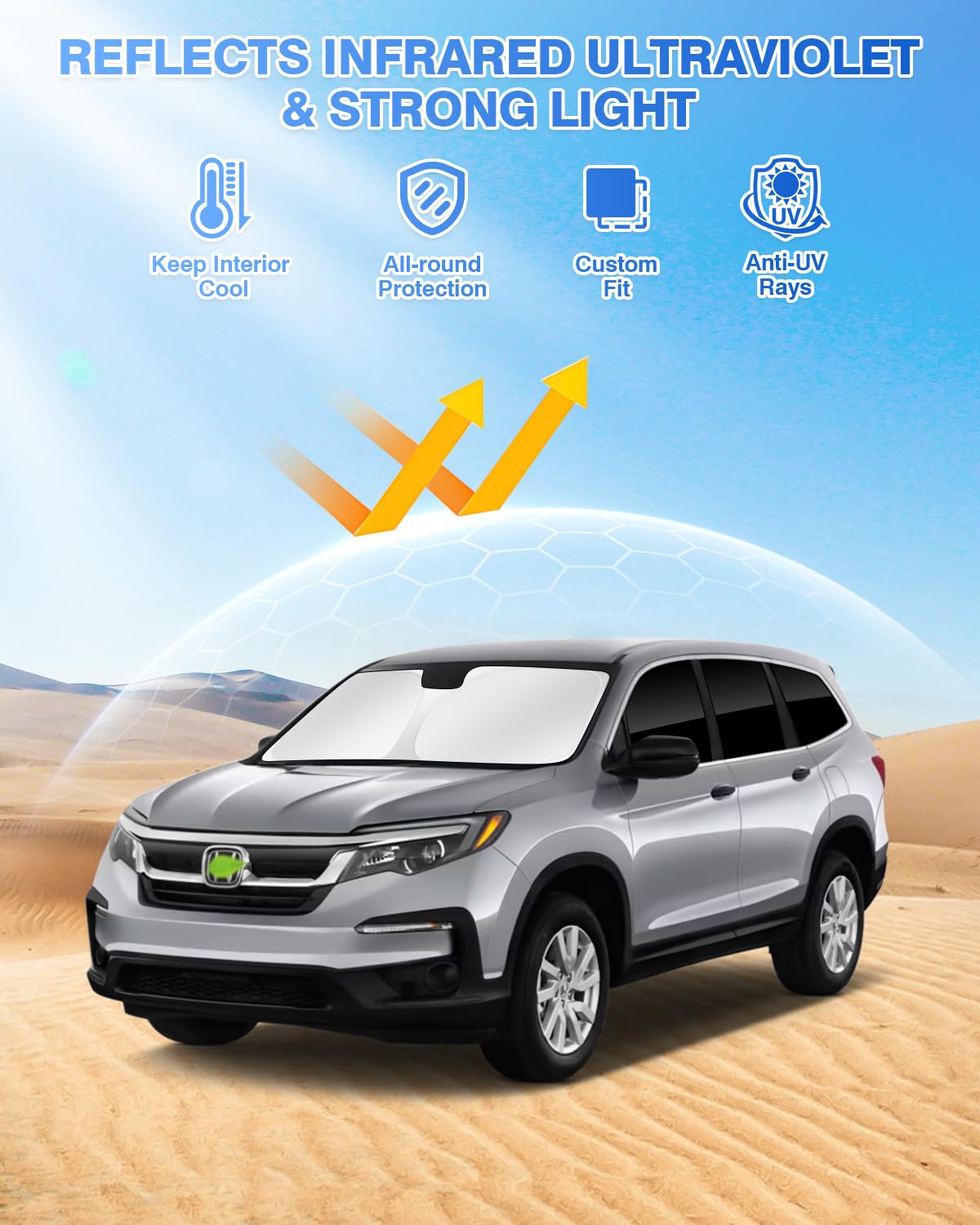 Canvcle Windshield Sun Shade for Honda Pilot 2016-2022, Black Polyester, 8PCS Privacy Protection, Keeps Vehicle Cool