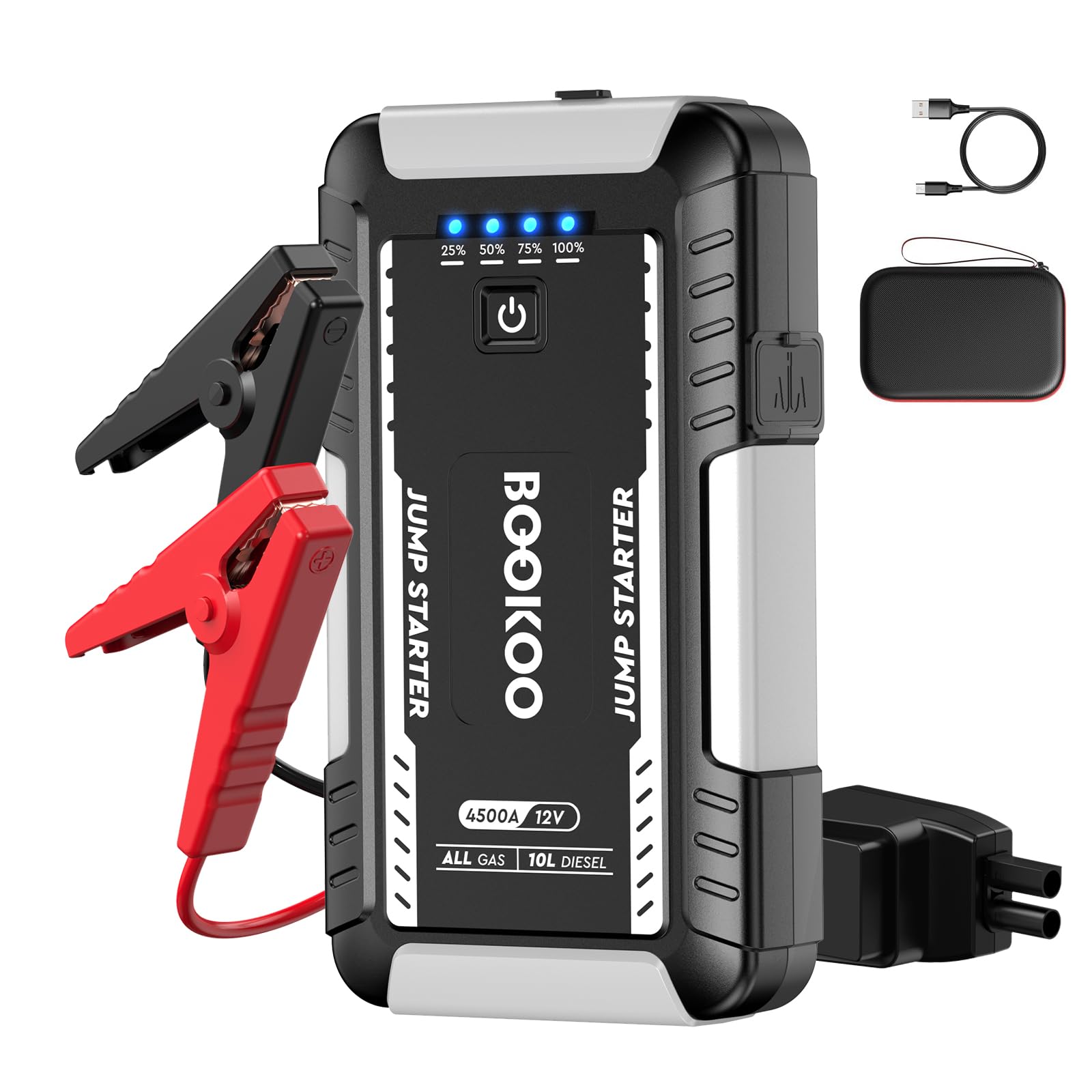 BOOKOO Portable Car Jump Starter, 4500A Car Battery Jump Starter for Upto 10L Gas and 8L Diesel Engines,12V Jump Box with Jumper