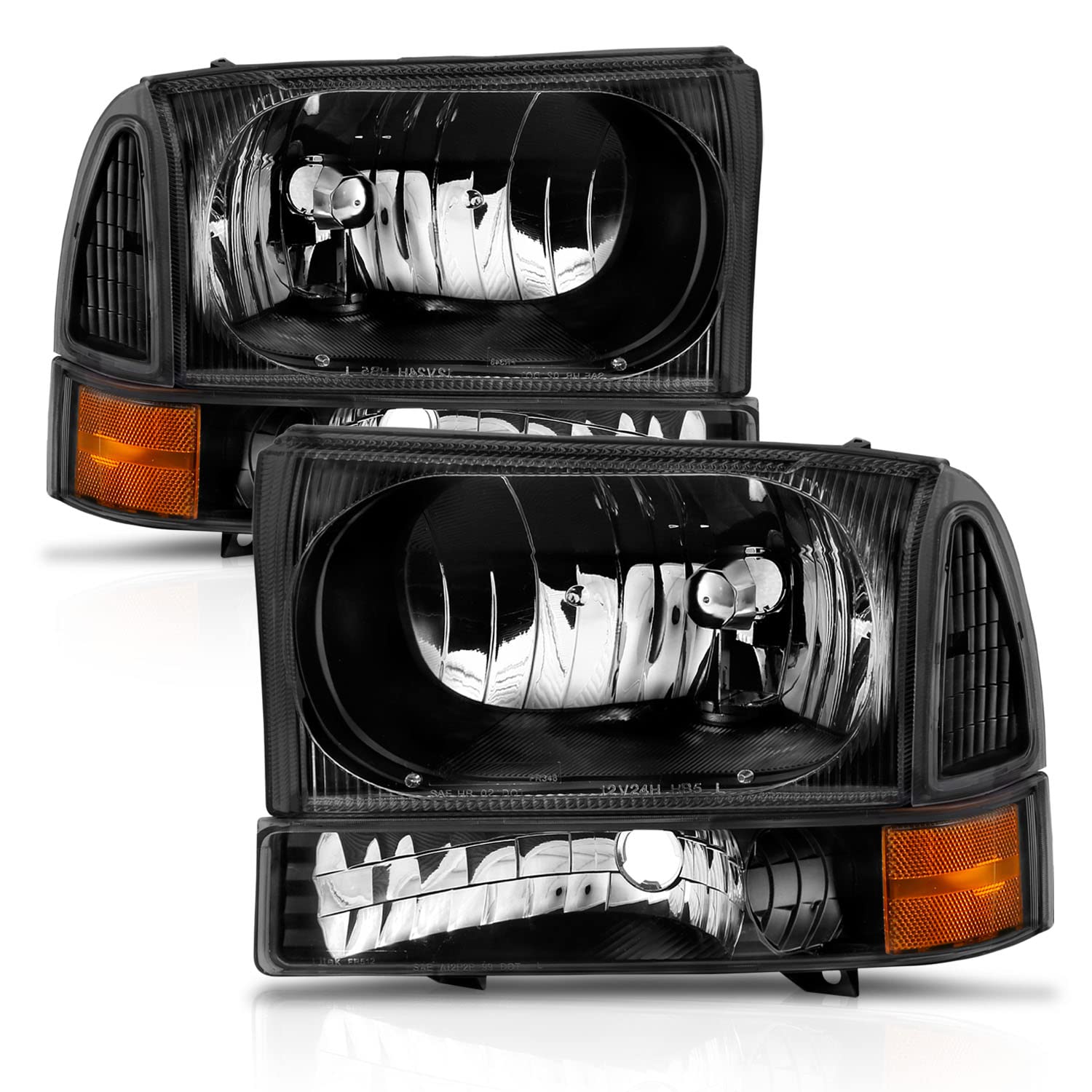 AmeriLite Black Factory Style Replacement Headlights for 1999-2004 Ford Super Duty F250 F350 F450 F550 & Excursion - Driver & Passenger Side