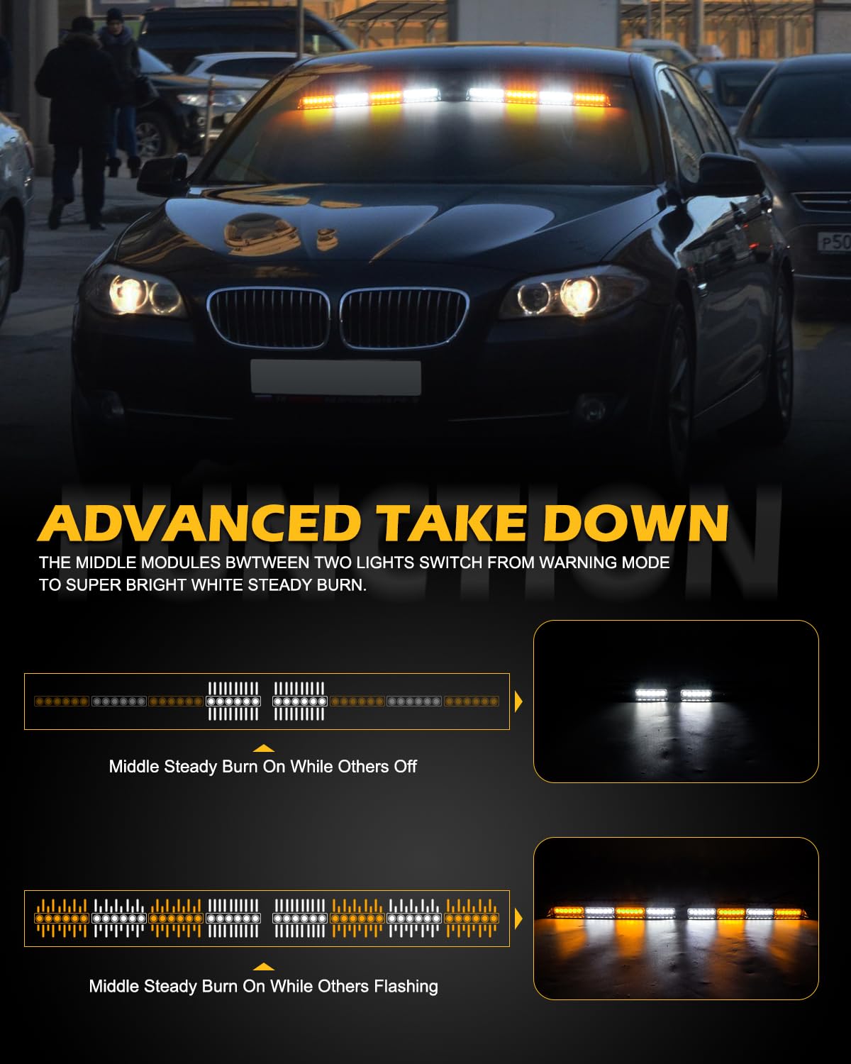 HLauto 604N Emergency Dash Strobe Lights - 48 LED Amber/White Light Bar with Controller for Trucks and Vehicles