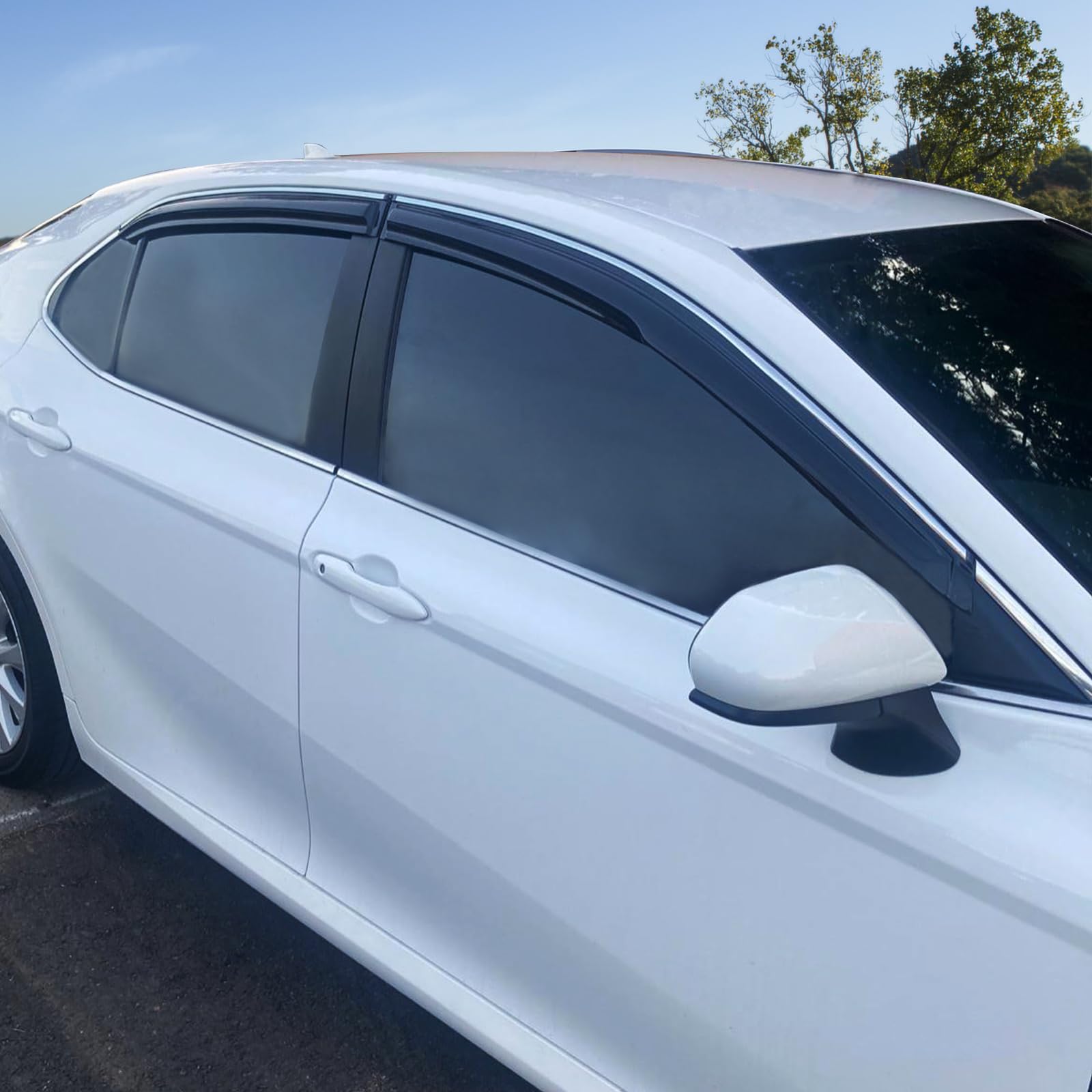 Tape On Outside Mount Window Visor With Chrome Trim Compatible With 2018-2024 Toyota Camry, Acrylic Smoke/Tinted Air Deflector S