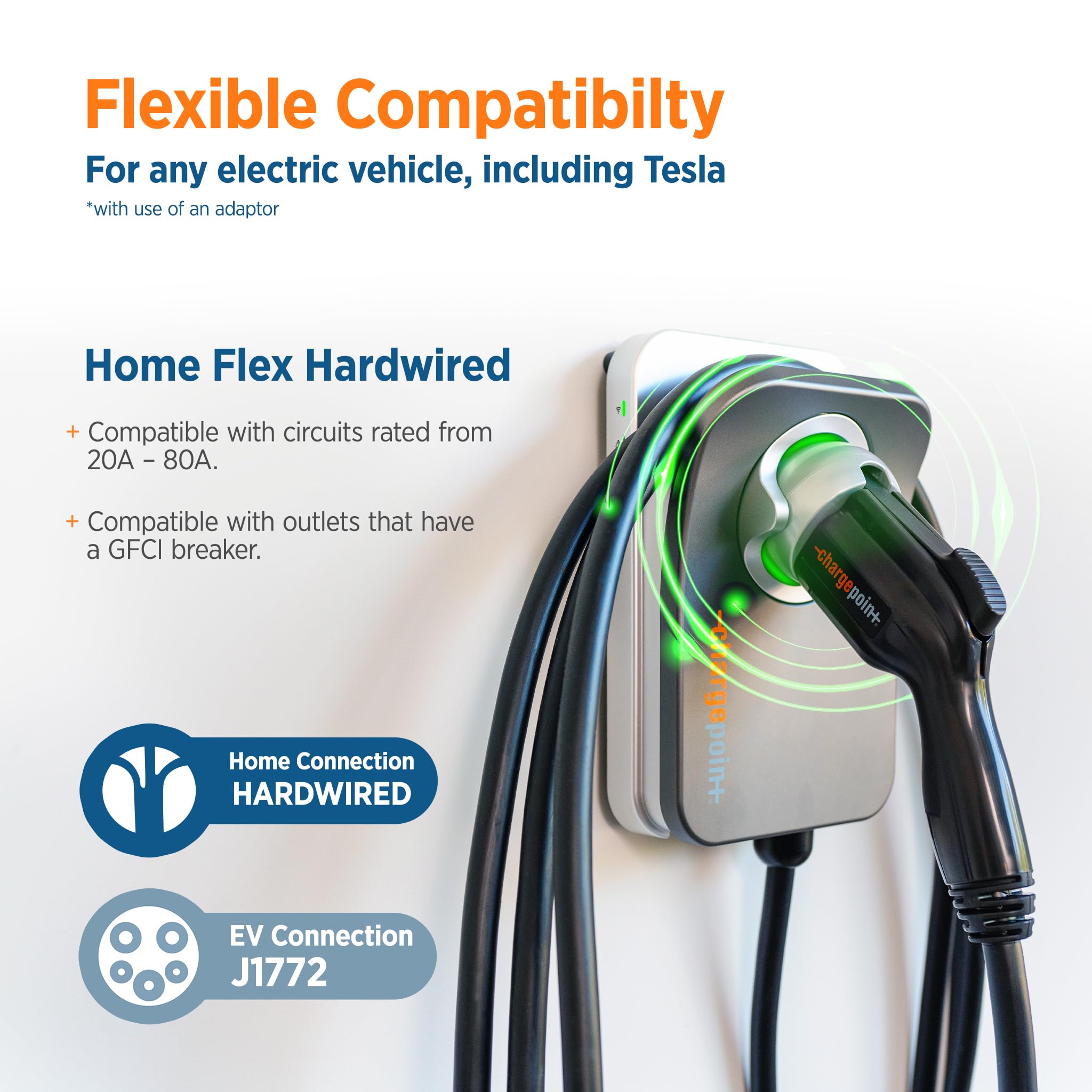 ChargePoint HomeFlex Level 2 EV Charger J1772, Hardwired, Black, Model CPH50-HARDWIRE-L23