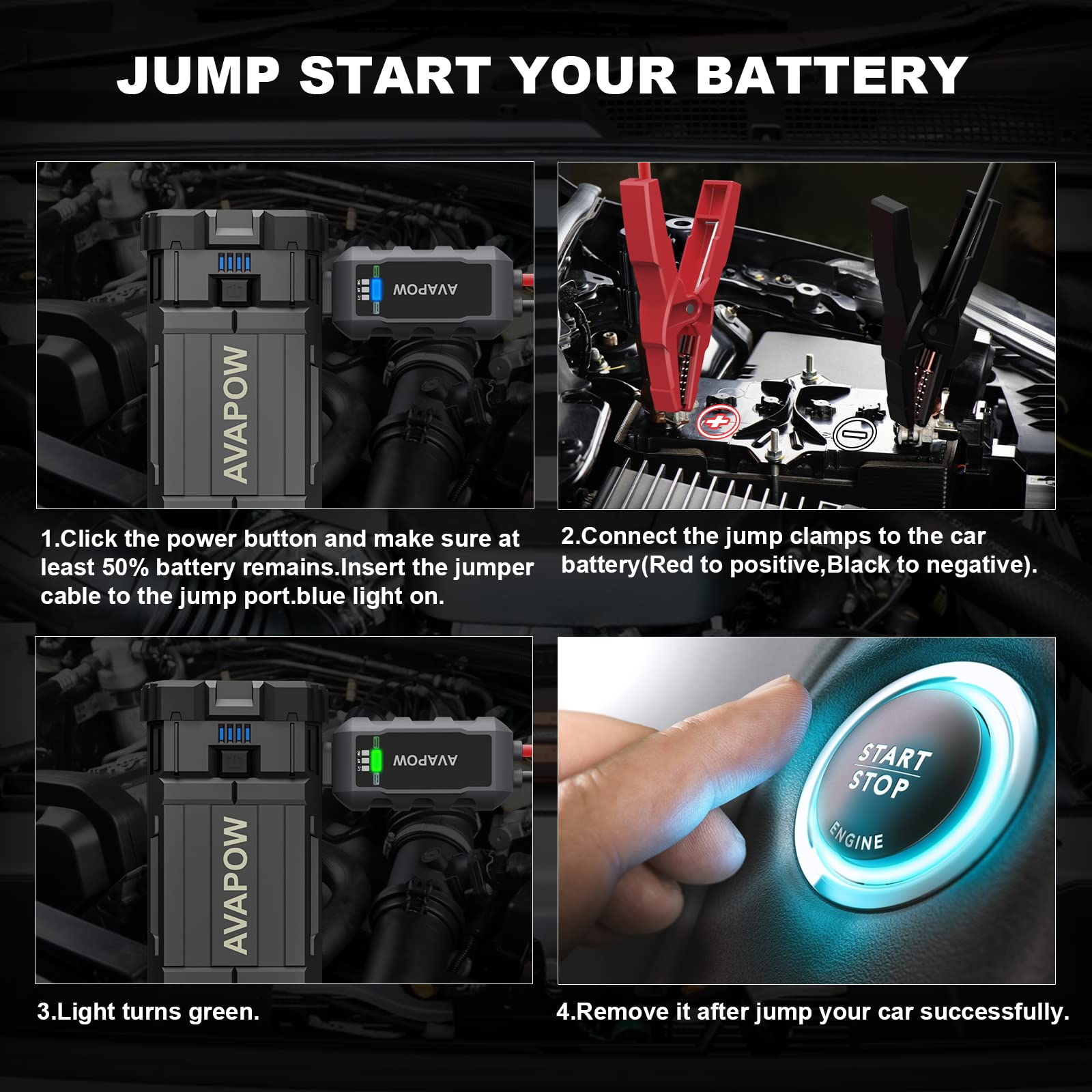 AVAPOW Jump Starter 2000A Peak 18000mAh Portable Battery for Cars, Dual USB Quick Charge 3.0, Compact Lithium Power Pack