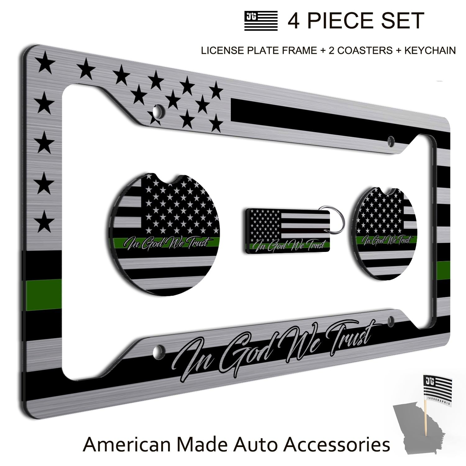 American Flag In God We Trust License Plate Frame + Green Line Coasters + Keychain - Perfect For God And Country Lovers - Tactic