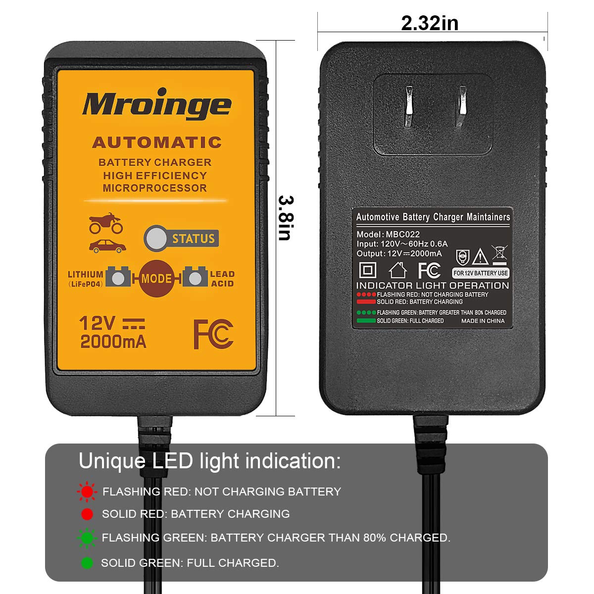 Mroinge 12V 2A Smart Battery Charger for Lead Acid & Lithium Batteries - Black