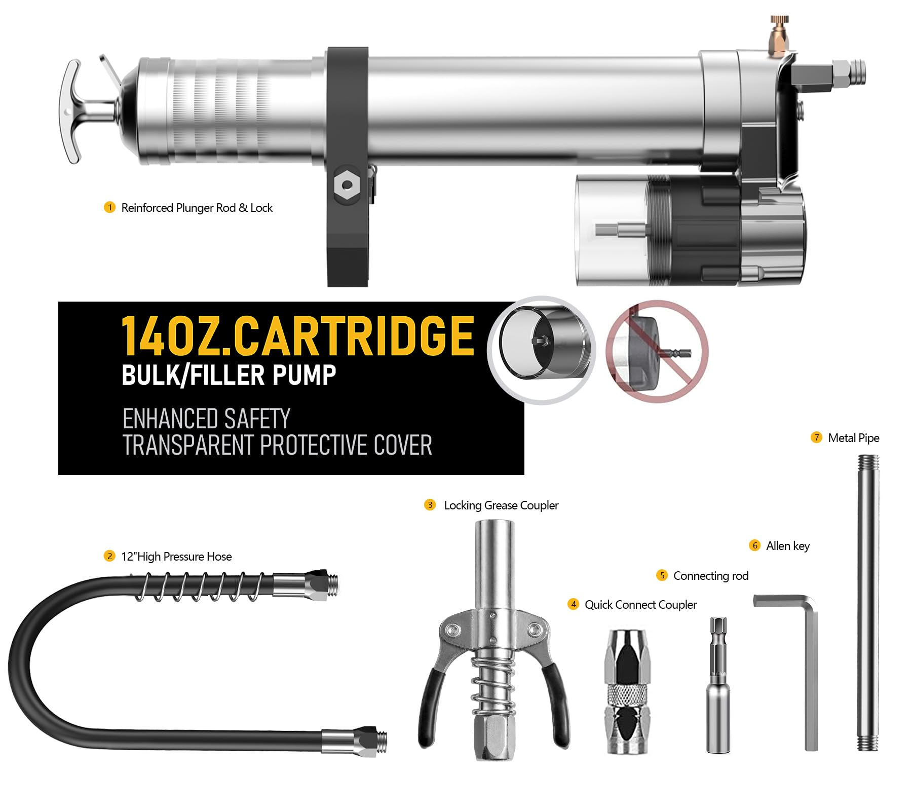 ATIVERE Electric Grease Gun Adapter, 14 OZ Load, Locking Coupler, 12" Hose, Model B09YLLV7NF