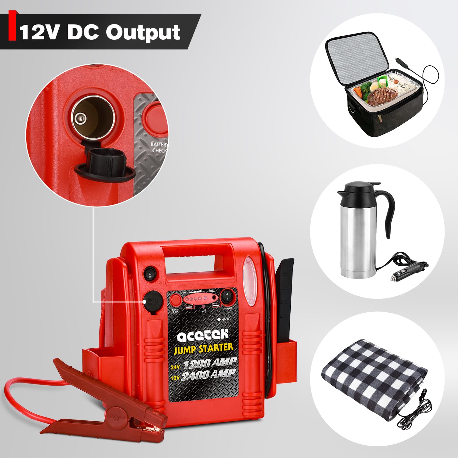 acetek 12V/24V Jump Starter - 2400/1200 Peak Amp Heavy Duty Battery Pack for Truck, Car, Tractor, Excavator, Model HH974