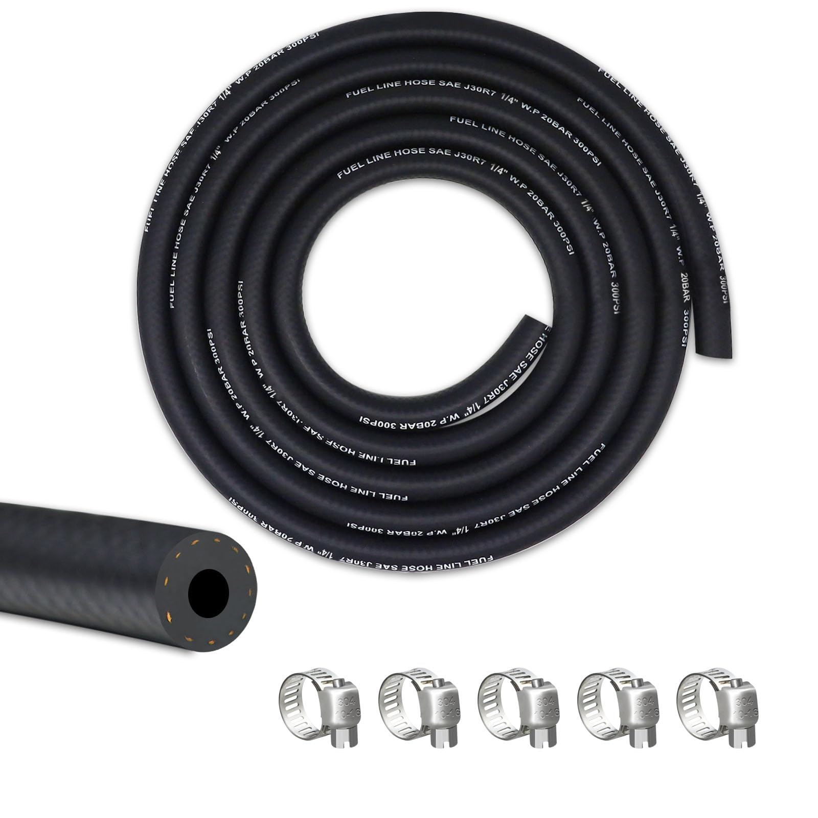 Vwtni 1/4 Fuel Line, Fuel Line Hose 5 Feet, Nbr Rubber Gasoline Tube With 5Pcs Stainless Steel Clamps.