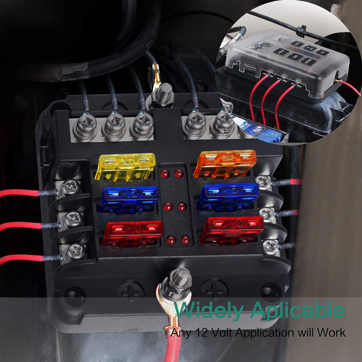 Deyooxi 6 Way Fuse Block,12V Blade Fuse 6 Circuit Atc/Ato Waterproof Fuse Box Holder With Led Indicator Waterpoof Cover For 12V/