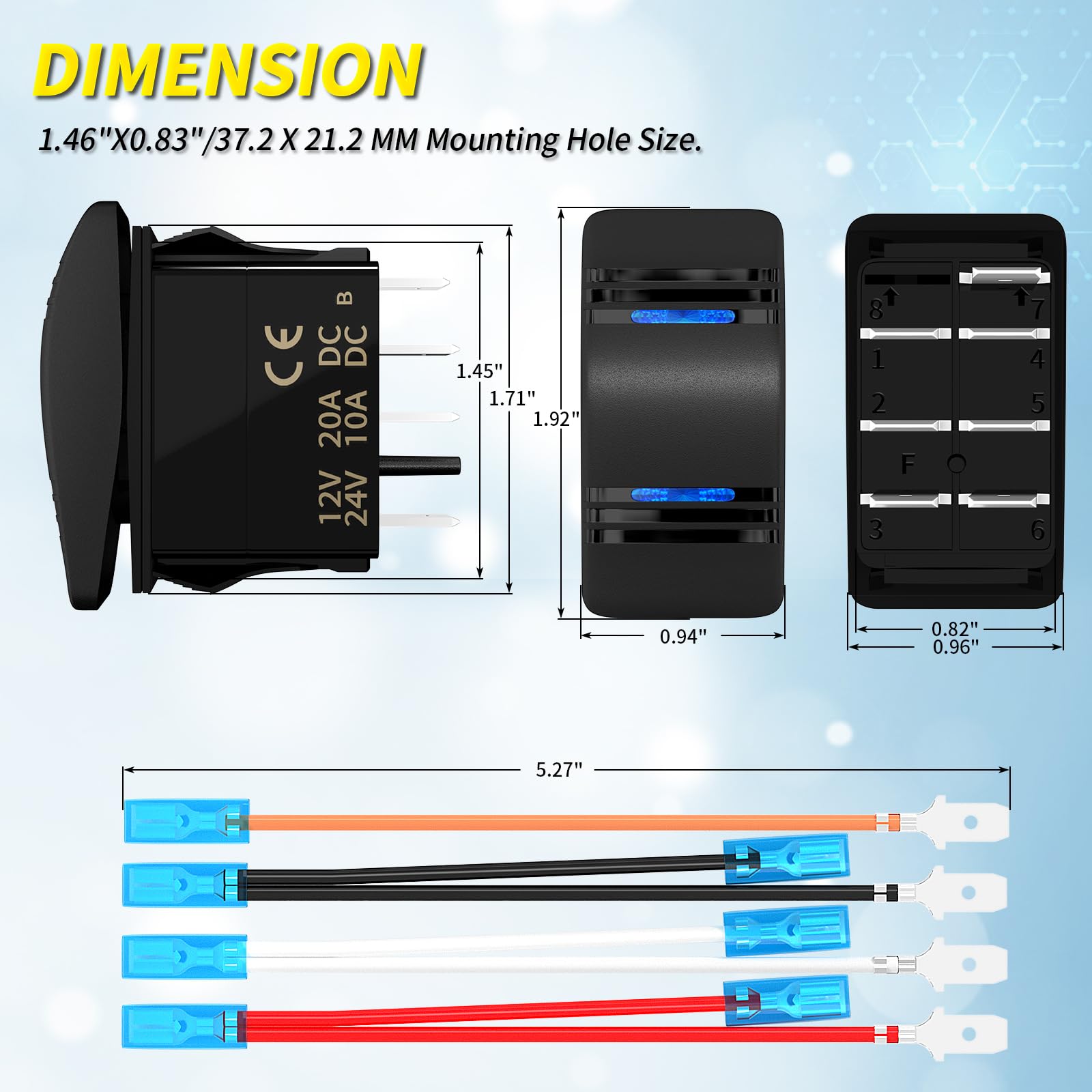 Joinfworld 12V 20A DPDT Marine Rocker Switch - 3 Position ON/OFF/ON, Waterproof with Blue LED Light, Model DR-A12927EBL