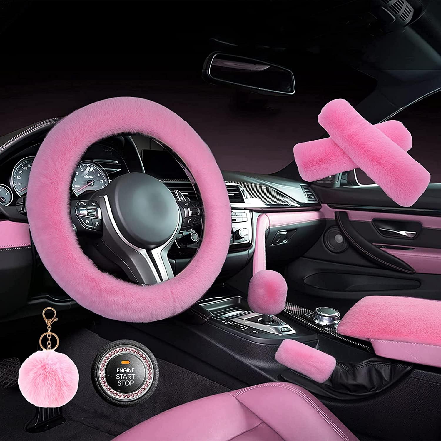Zynqacc 1 Set 8 Pieces Fluffy Steering Wheel Cover Set,Warm Soft Fuzzy Steering Wheel Covers For Women/Girls,Universal 15 Inches Girls Car Accessories (Pink)