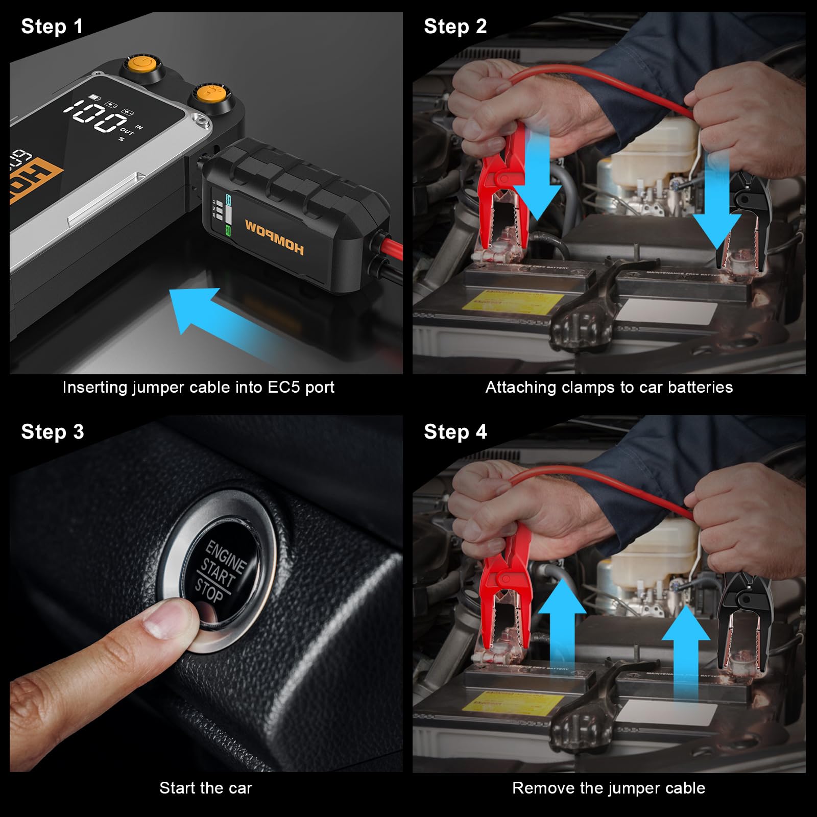 HOMPOW 6000A Peak Jump Starter - 28000mAh Portable Car Battery Charger, LED Light, USB, Black
