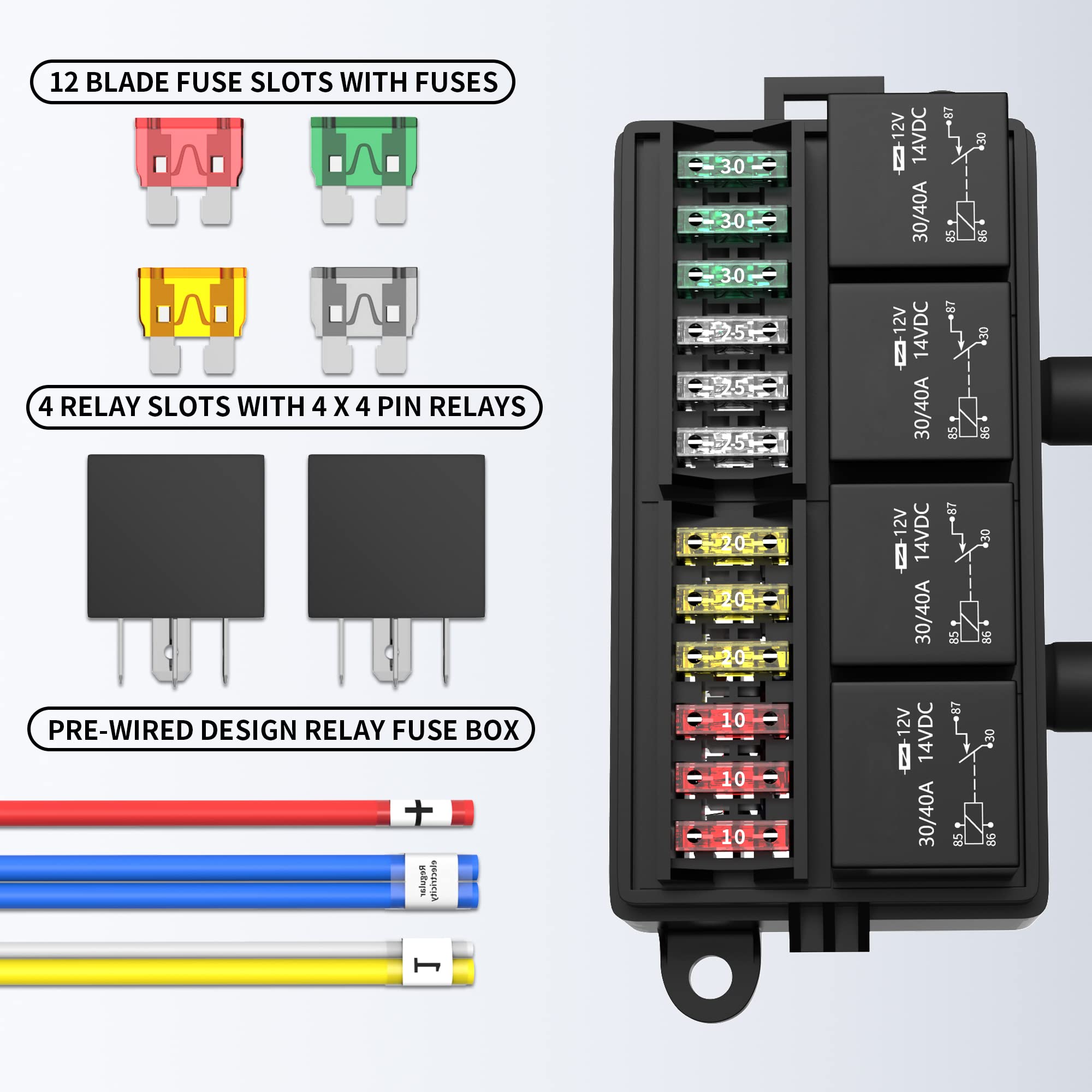 RVBOATPAT 12V Fuse Relay Box - Pre-Wired with 4 Relays & 12 ATC/ATO Fuses, Black, Model RB-R4F12-W1-4