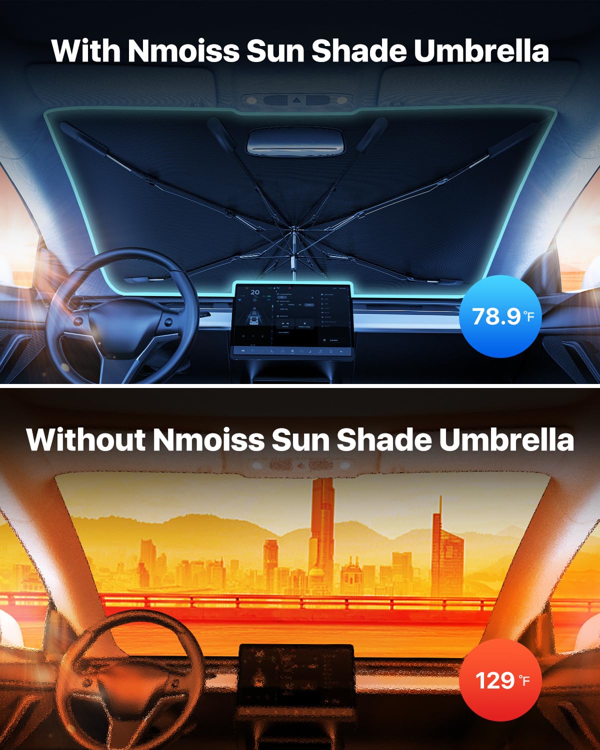 Nmoiss Windshield Sun Shade Umbrella - Vinyl Coating Heat Shield, Medium (56" L x 31" W), Black, Model 145-24ZYS, Protects Interior from