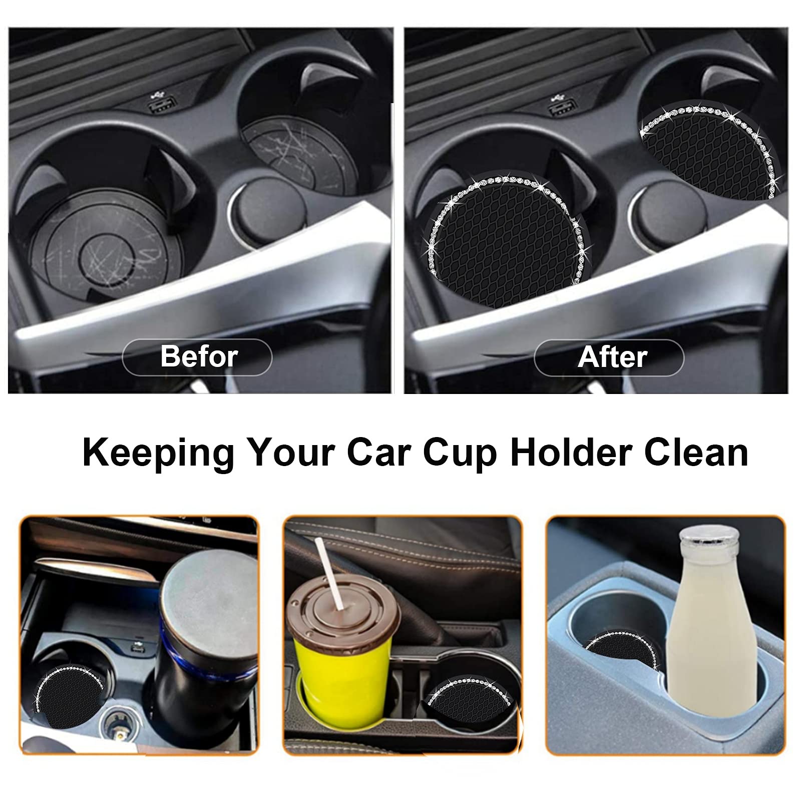 2Pcs Bling Car Cup Coaster, 2.75 Inch Auto Car Cup Holder Insert Coasters Silicone Anti-Slip Crystal Rhinestone Drink Car Cup Mat, Universal Vehicle Interior Accessories For Women Girls (Black)