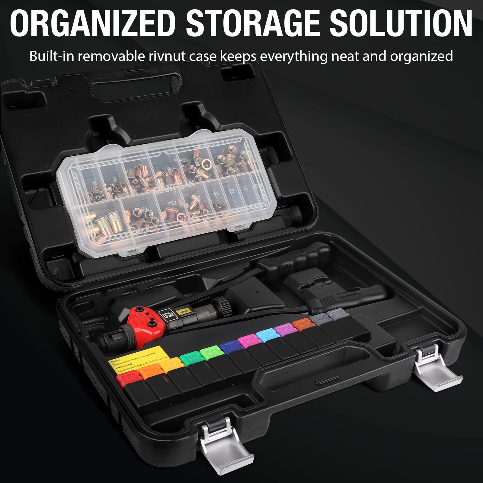GIANTISAN Rivet Nut Tool Kit - 16-Inch with 12 Metric & SAE Mandrels, 176Pcs Assortment, Durable Steel Construction, Model GT607