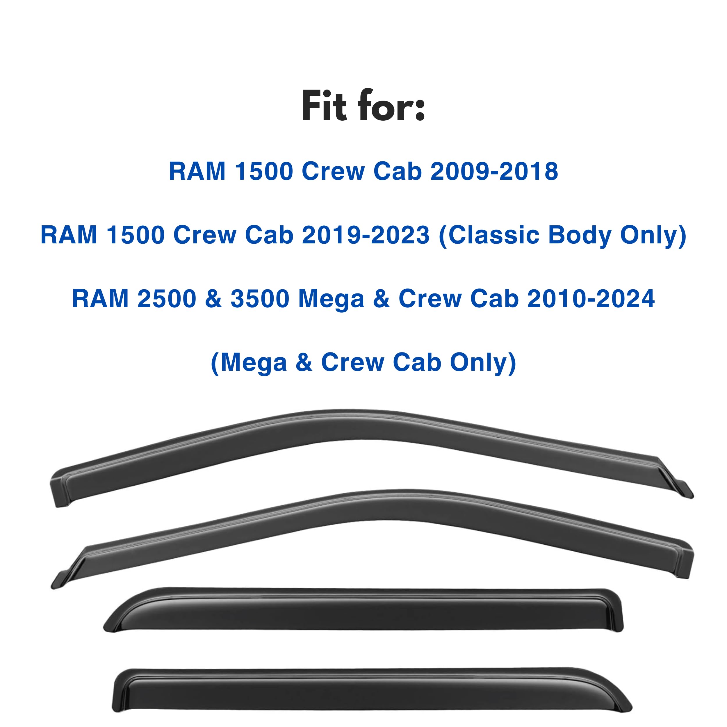 Ig Window Visor Compatible With 2009-2018 Ram 1500 Crew/Mega Cab, Vent Visors Shades For 2010-2024 Ram 2500 & 3500, 2019-2024 Ra