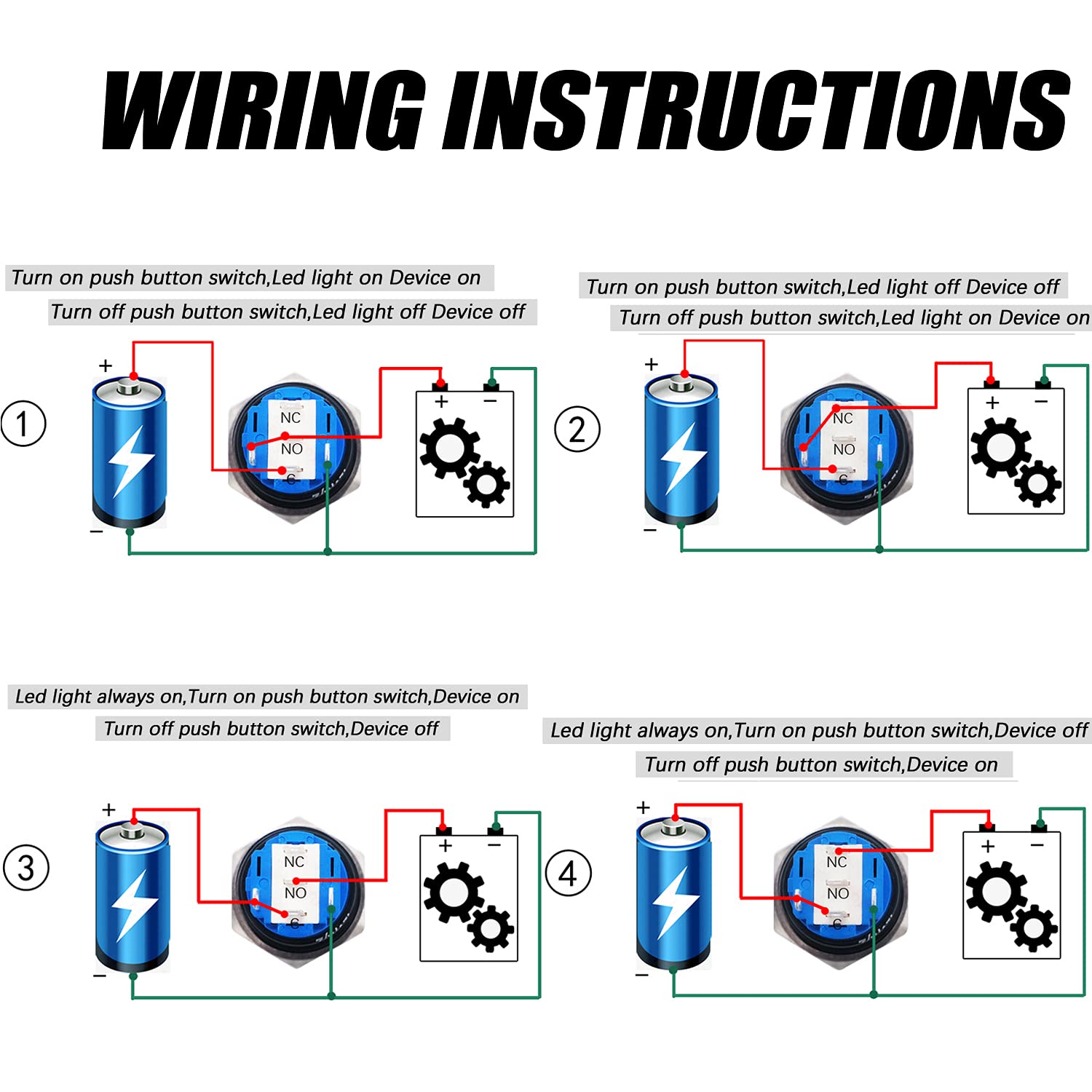 Mxuteuk 19Mm Waterproof Latching Push Button Switch 12V On/Off Switch 1No 1Nc Spdt Black Metal With Green Power Symbol Light With Wire Suitable For 3/4" Mounting Hole For Car Marine Rv L-19-Power-B-G