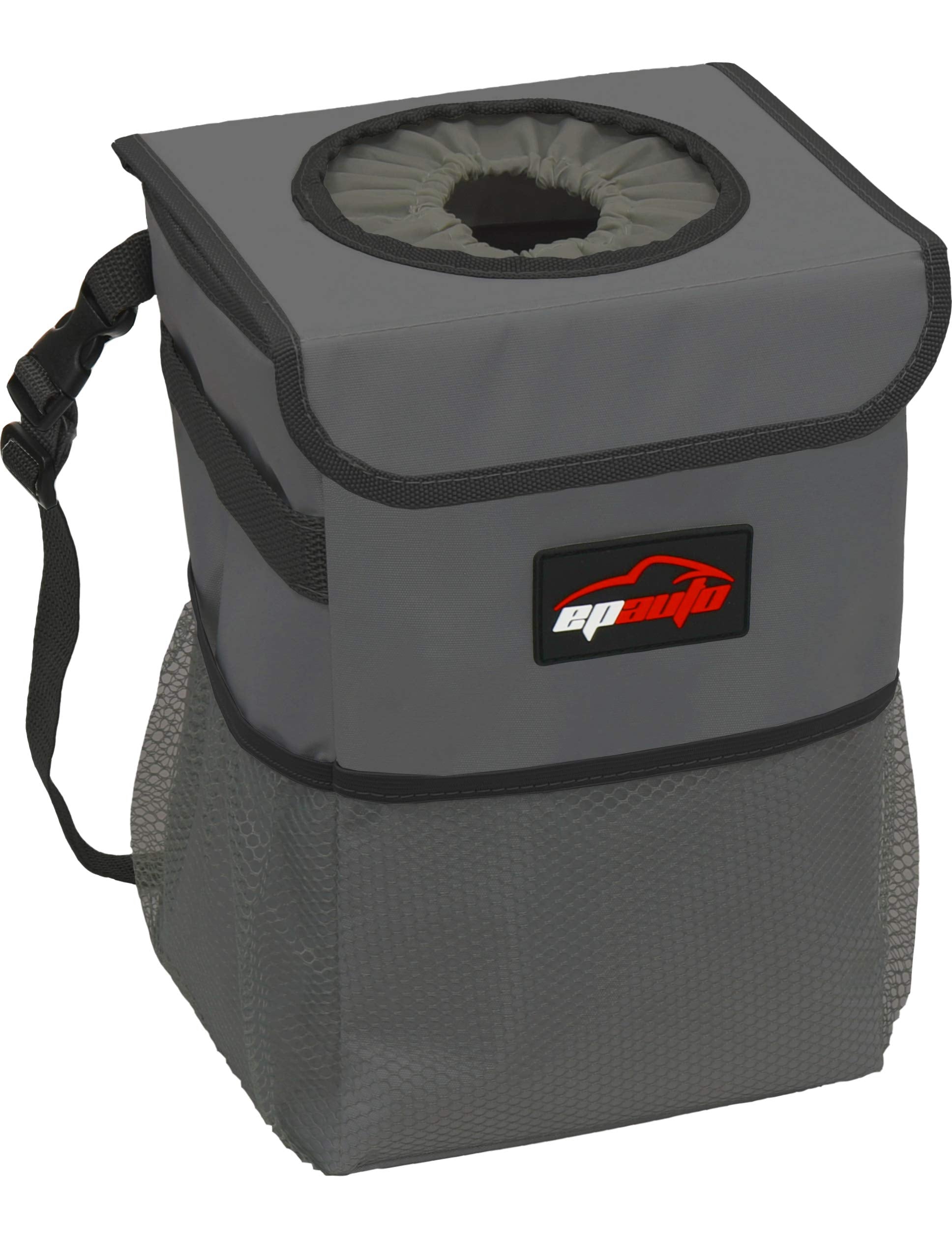 Epauto Waterproof Car Trash Can With Lid And Storage Pockets, 2.5 Gallon Leakproof, Dark Gray