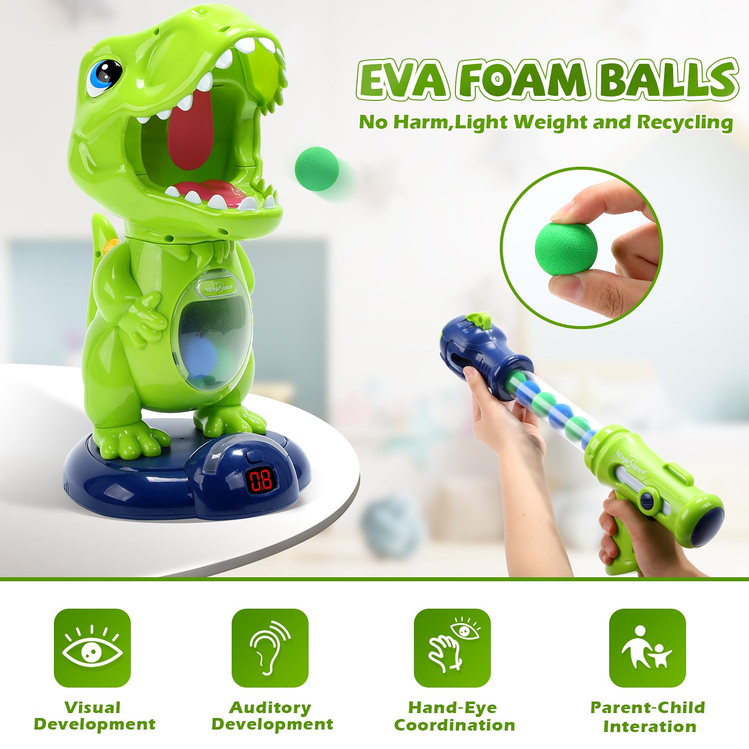EagleStone Dinosaur Shooting Toys for Kids, Electronic Target Game, 48 Balls, Medium, Green, Model 8808-6B, EVA & ABS Material