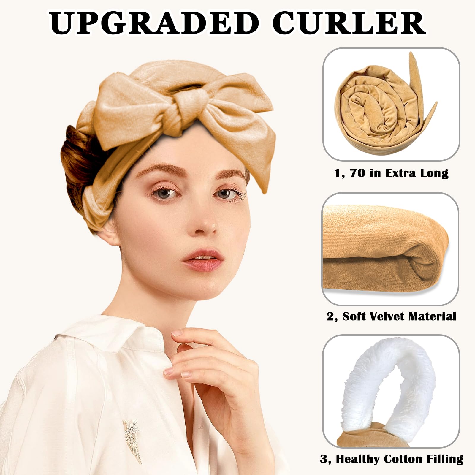 Gwabee 70" Soft Hair Curlers - No Heat Curl Wrap, 9 Rods, Polyester, Khaki, Model 10027