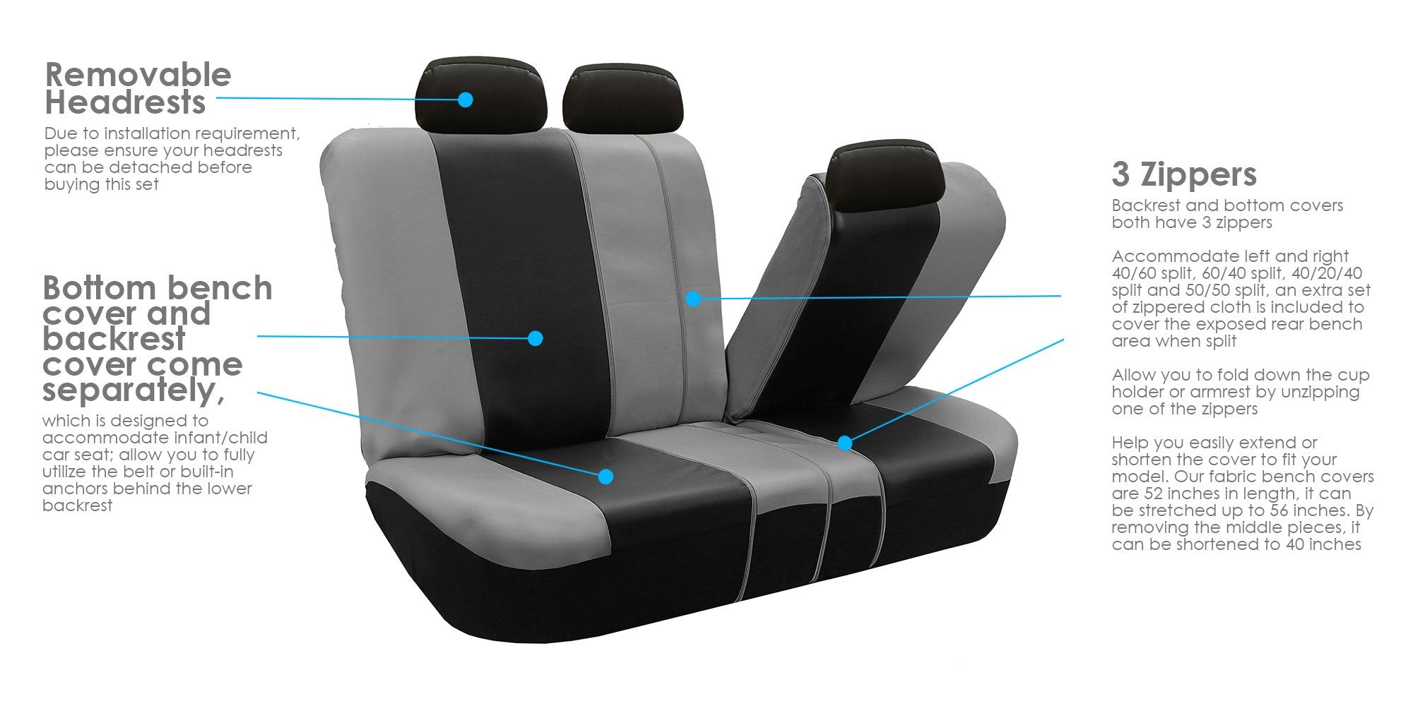 FH Group Car Seat Covers Full Set Royal Seat Cover-Universal Fit Gray, Automotive Seat Covers, 1-Piece Front Seat Covers, Airbag