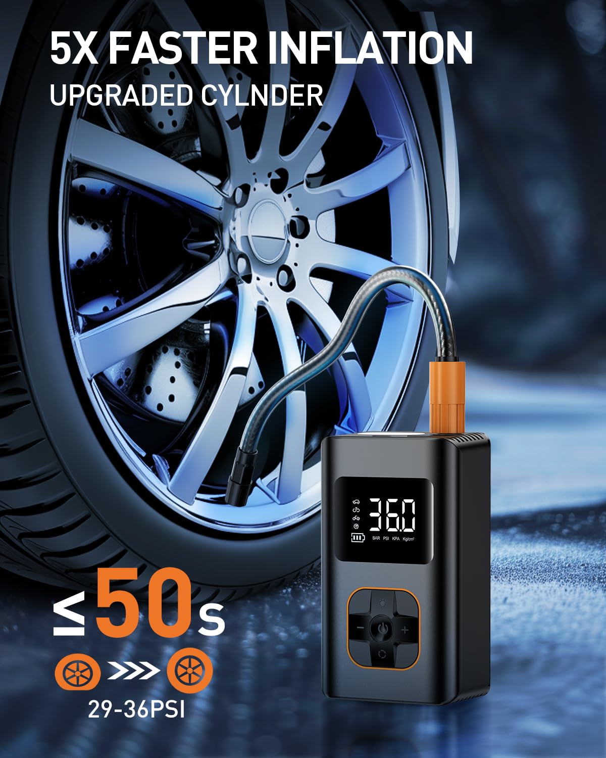Tire Inflator Portable Air Compressor, 8000Mah Cordless Air Pump For Car Tires, 150 Psi Electric Bike Tire Pump With Led Light A