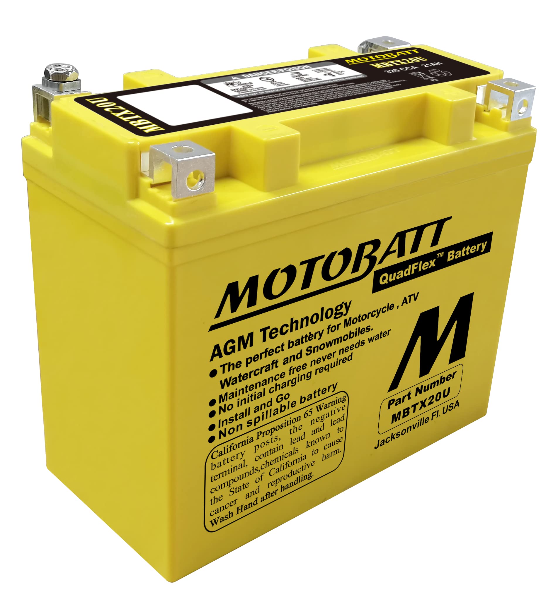 MotoBatt MBTX20U AGM Battery - 12V 21 Amp, 320 CCA, Maintenance Free, Large Size