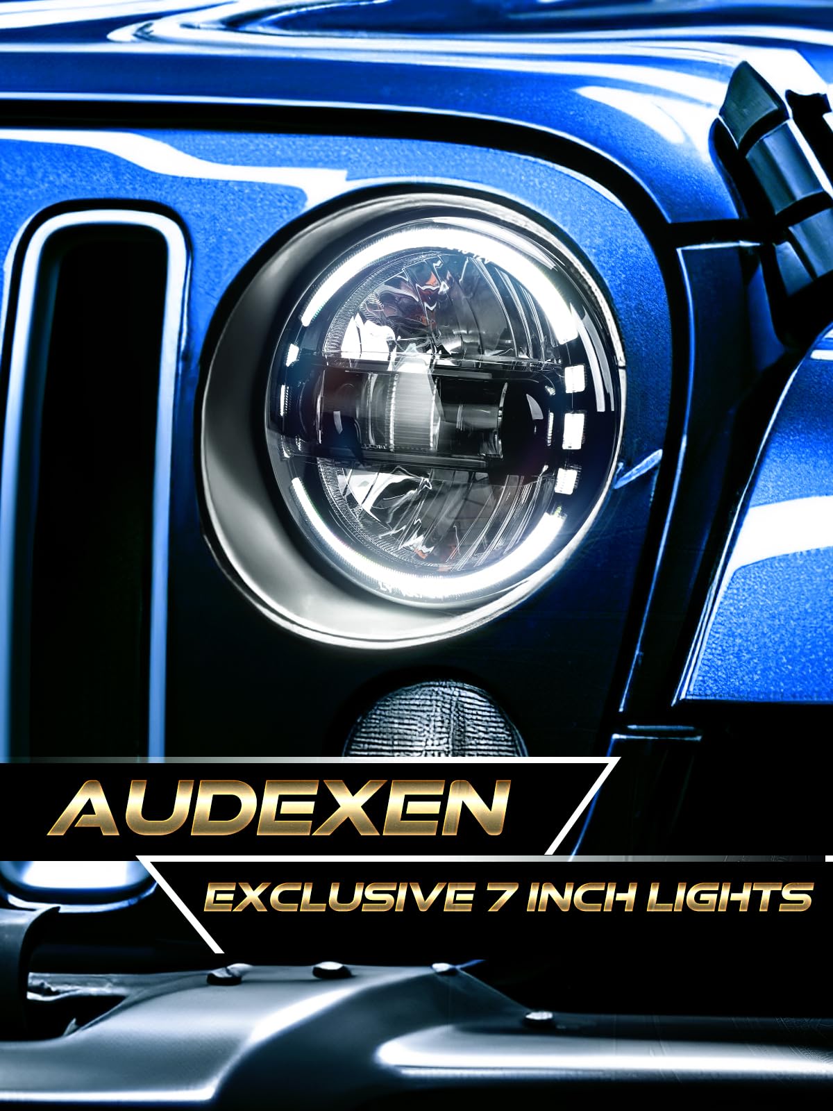 AUDEXEN 7" LED Headlights for Jeep Wrangler JK 1997-2018, 1200% Bright, Halo Ring, Die-Cast Aluminum, Silver, Model JGDD070