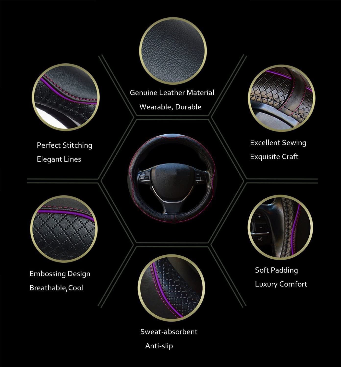 Gomass Car Steering Wheel Cover, Anti-Slip, Safety, Soft, Breathable, Heavy Duty, Thick, Full Surround, Sports Style (Black With