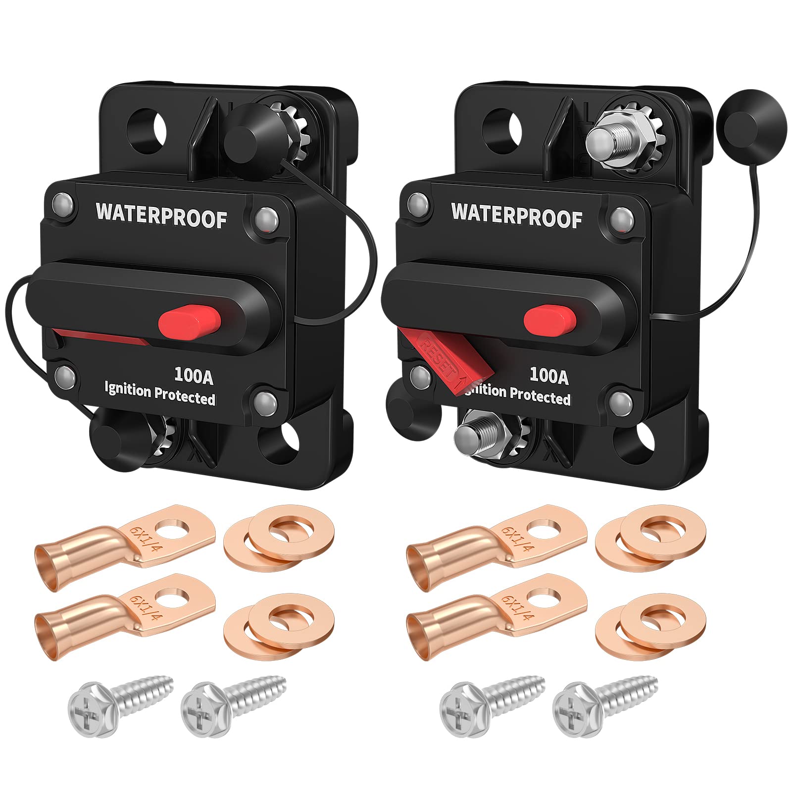Daiertek 100 Amp Circuit Breaker 12V - 48V, Dc 12 Volt Circuit Breaker 100A Inline With Manual Reset Waterproof For Marine Boat Trolling Automotive Car Rv Atv Audio-2Pack