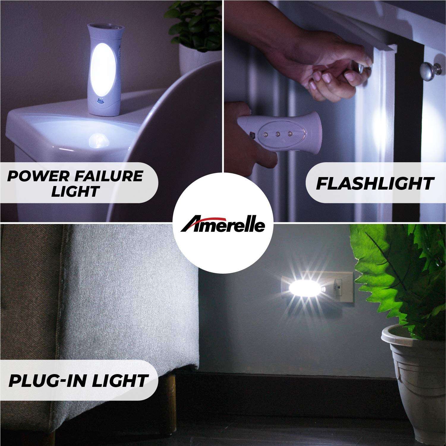 Amerelle Led Emergency Lights For Home Power Failure, 2 Pack - Triple Function Power Failure Light And Plug In Flashlight Combo,