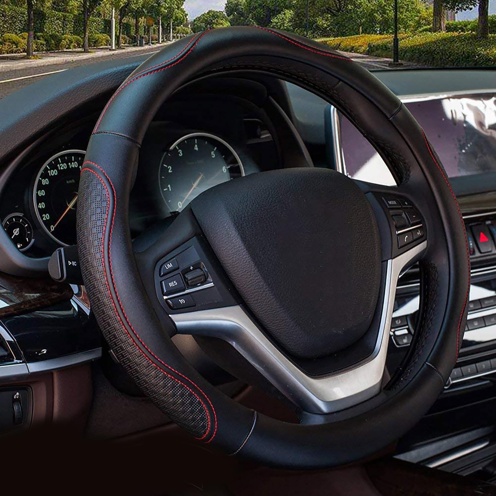 Valleycomfy Leather Steering Wheel Covers Universal 15.75 Inch -Breathable, Anti Slip & Odor Free (Black With Red Lines,L(15 1/2-16))