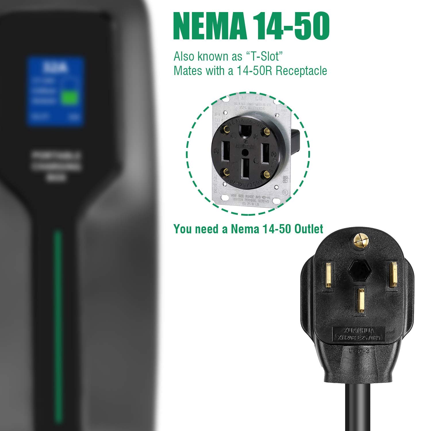 LEFANEV 32 Amp Portable EV Charger Level 2, NEMA 14-50, 20ft, Black, Model PCD041-32A-NEMA14-50